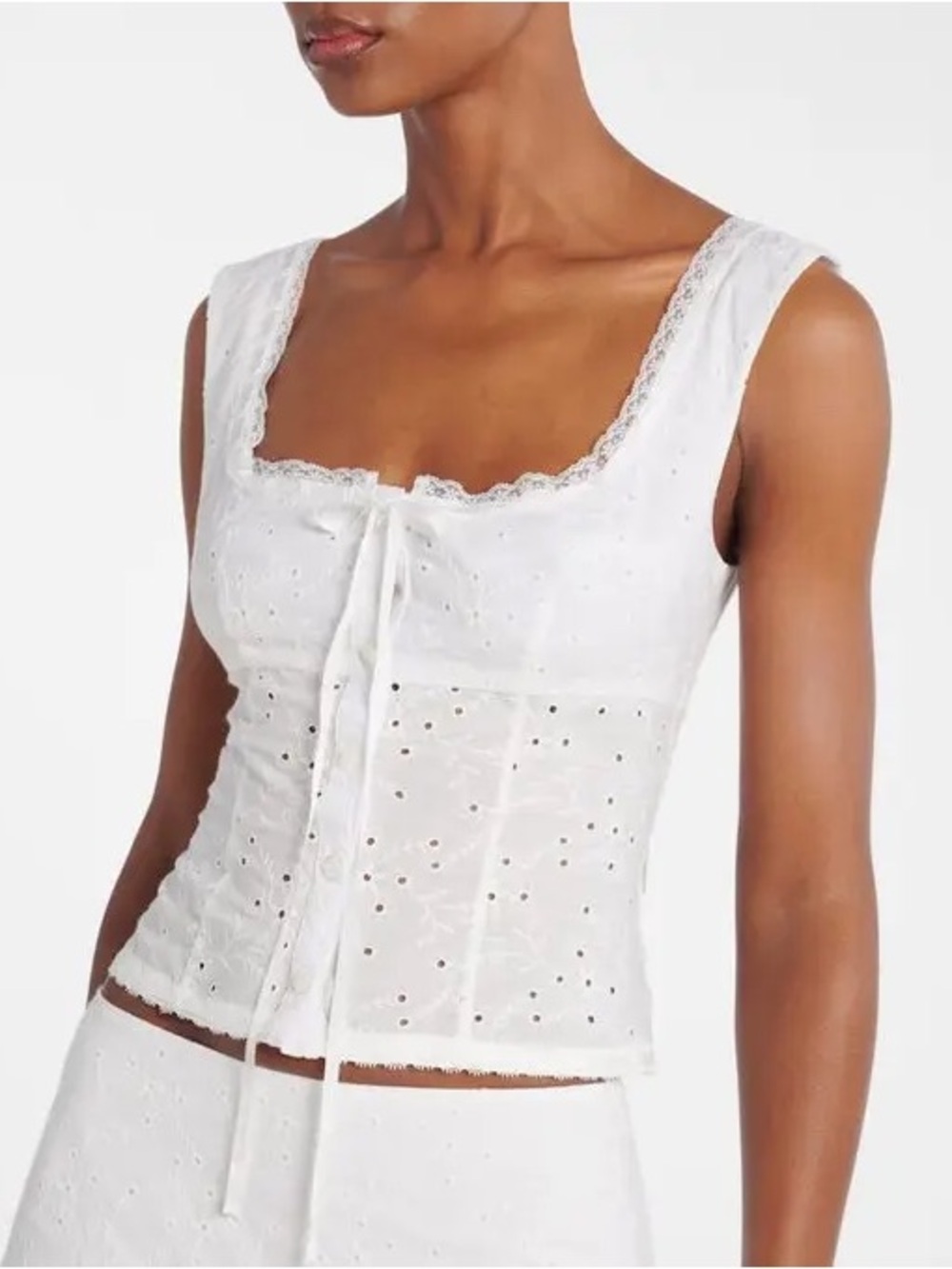 STAUD Lou White Eyelet Button-Front Top with Tie